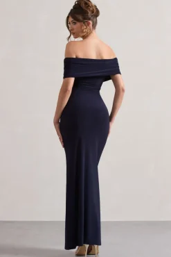 Refined | Navy Twist Front Bardot Maxi Dress