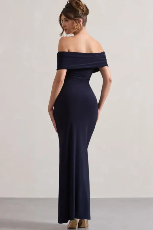 Refined | Navy Twist Front Bardot Maxi Dress
