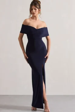 Refined | Navy Twist Front Bardot Maxi Dress