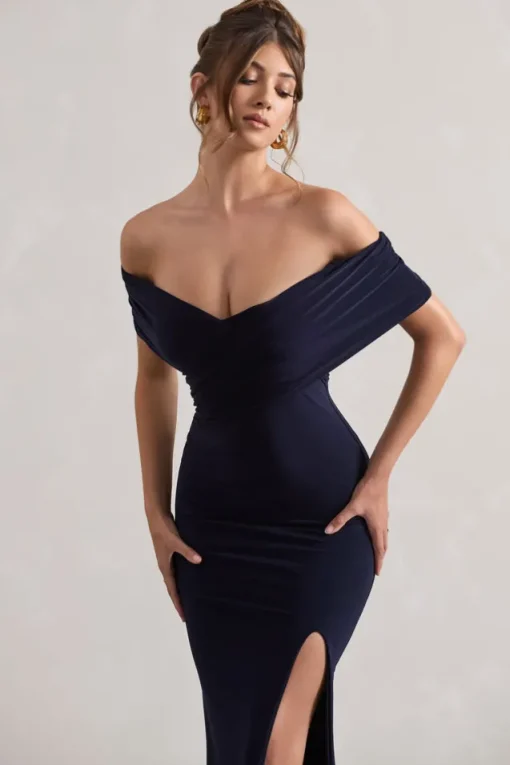 Refined | Navy Twist Front Bardot Maxi Dress