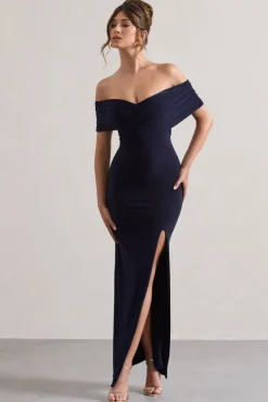 Refined | Navy Twist Front Bardot Maxi Dress
