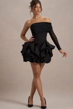 Regatta | Black Asymmetric Mesh Sleeve Ruffle Mini Dress