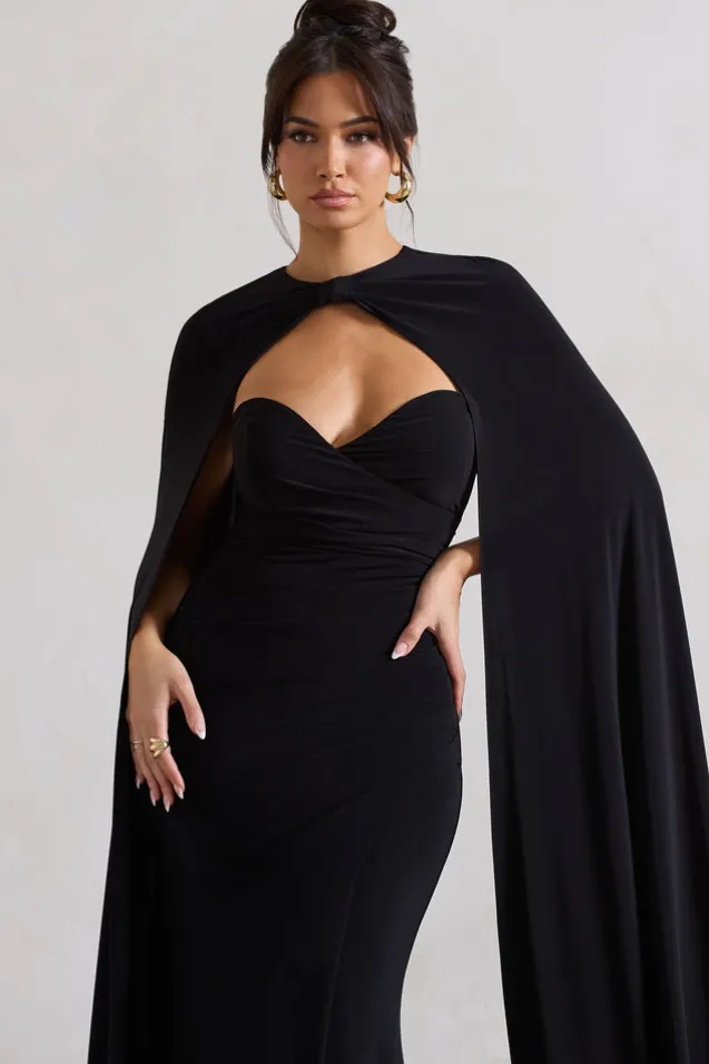 Reign | Black Corset Wrap Maxi Dress With Cape