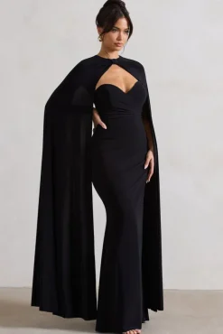 Reign | Black Corset Wrap Maxi Dress With Cape