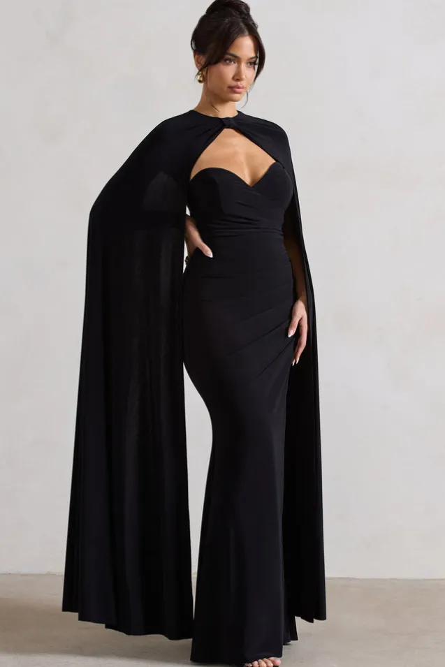Reign | Black Corset Wrap Maxi Dress With Cape