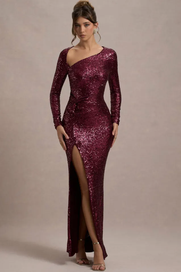Remarkable | Burgundy Sequin Long-Sleeved Twisted Maxi Dress