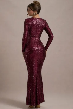 Remarkable | Burgundy Sequin Long-Sleeved Twisted Maxi Dress