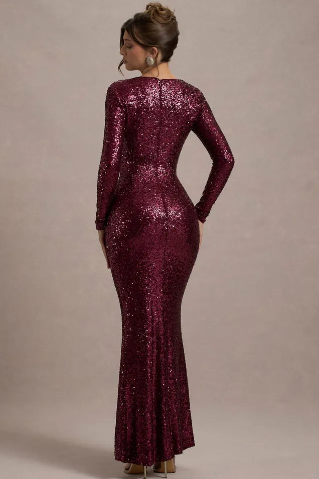 Remarkable | Burgundy Sequin Long-Sleeved Twisted Maxi Dress