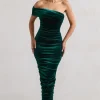 Remember Me | Bottle Green Velvet One Shoulder Midi Dress