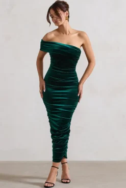 Remember Me | Bottle Green Velvet One Shoulder Midi Dress