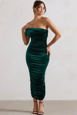 Remember Me | Bottle Green Velvet One Shoulder Midi Dress