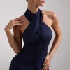 Remi | Navy Cross Halter Neck Tailored Sleeveless Blazer Top