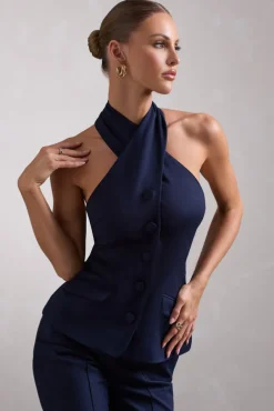 Remi | Navy Cross Halter Neck Tailored Sleeveless Blazer Top