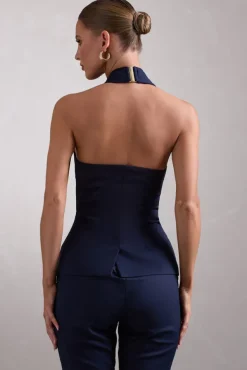 Remi | Navy Cross Halter Neck Tailored Sleeveless Blazer Top