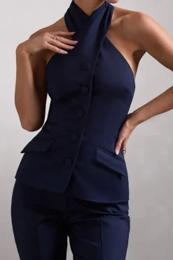Remi | Navy Cross Halter Neck Tailored Sleeveless Blazer Top