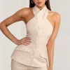 Remi | Stone Cross Halter Neck Tailored Sleeveless Blazer Top
