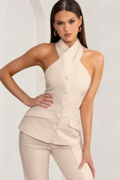 Remi | Stone Cross Halter Neck Tailored Sleeveless Blazer Top