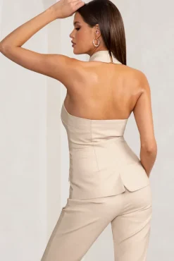 Remi | Stone Cross Halter Neck Tailored Sleeveless Blazer Top