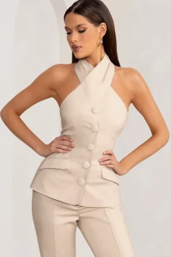 Remi | Stone Cross Halter Neck Tailored Sleeveless Blazer Top