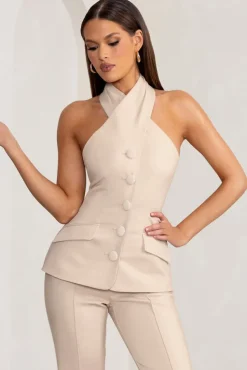 Remi | Stone Cross Halter Neck Tailored Sleeveless Blazer Top