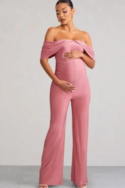 Renata | Blush Pink Draped Sleeve Bardot Maternity Jumpsuit