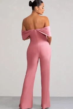 Renata | Blush Pink Draped Sleeve Bardot Maternity Jumpsuit