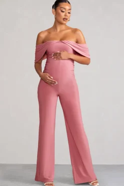 Renata | Blush Pink Draped Sleeve Bardot Maternity Jumpsuit
