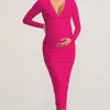 Renee | Hot Pink Twist Front Plunge Maternity Midi Dress with Long Sleeves