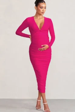 Renee | Hot Pink Twist Front Plunge Maternity Midi Dress with Long Sleeves