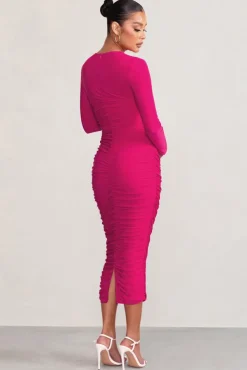 Renee | Hot Pink Twist Front Plunge Maternity Midi Dress with Long Sleeves