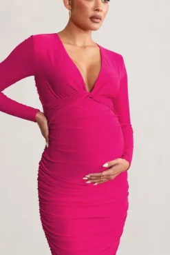 Renee | Hot Pink Twist Front Plunge Maternity Midi Dress with Long Sleeves