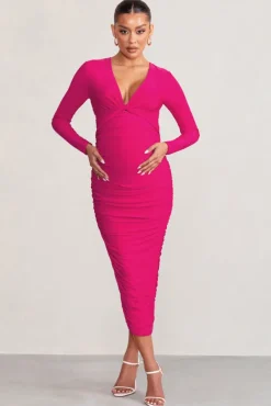 Renee | Hot Pink Twist Front Plunge Maternity Midi Dress with Long Sleeves
