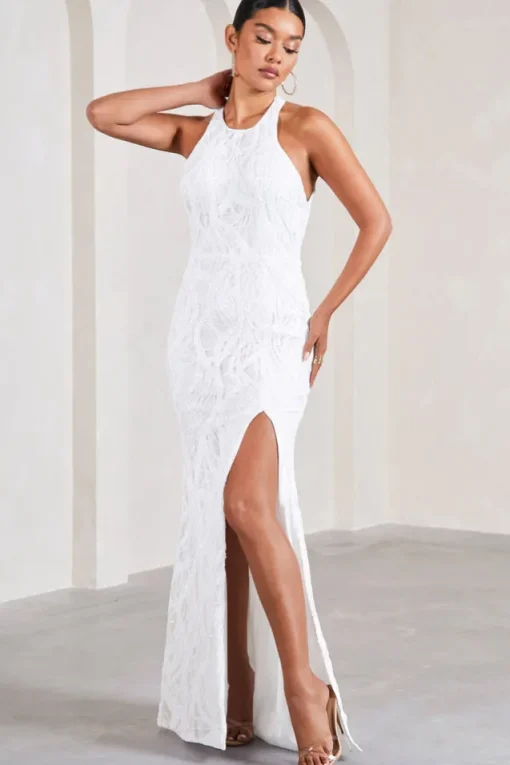 Reserved | White Sequin Lace Split Maxi Dress