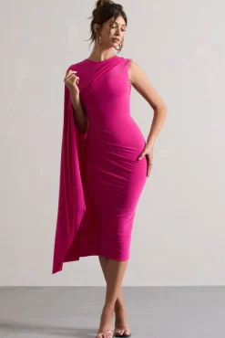 Reveal | Dark Pink One-Sleeve Cape Midi Dress
