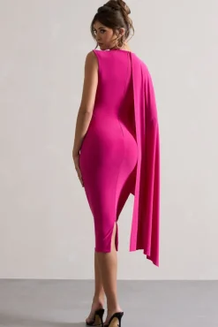 Reveal | Dark Pink One-Sleeve Cape Midi Dress
