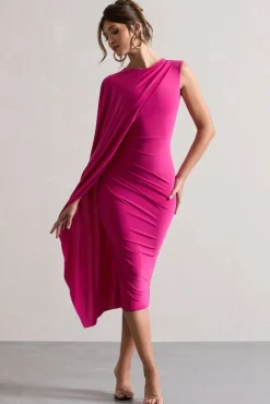 Reveal | Dark Pink One-Sleeve Cape Midi Dress