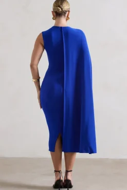 Reveal | Royal Blue One-Sleeve Cape Midi Dress