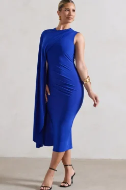 Reveal | Royal Blue One-Sleeve Cape Midi Dress