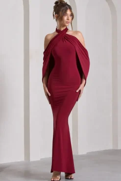 Revelation | Berry Red Crossed Halter-Neck Fishtail Maxi Dress With Cape