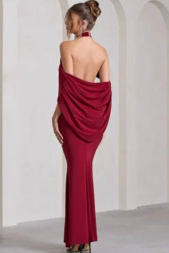 Revelation | Berry Red Crossed Halter-Neck Fishtail Maxi Dress With Cape