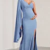 Rhea | Cornflower Blue V-Neck Split Maternity Maxi Dress With Cape Sleeve