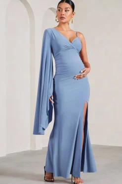 Rhea | Cornflower Blue V-Neck Split Maternity Maxi Dress With Cape Sleeve
