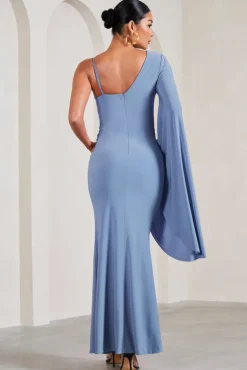 Rhea | Cornflower Blue V-Neck Split Maternity Maxi Dress With Cape Sleeve