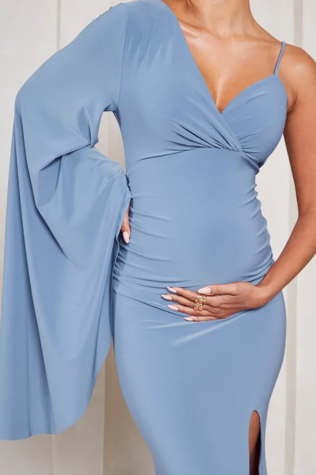Rhea | Cornflower Blue V-Neck Split Maternity Maxi Dress With Cape Sleeve