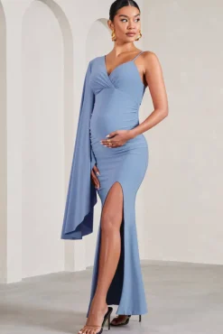 Rhea | Cornflower Blue V-Neck Split Maternity Maxi Dress With Cape Sleeve