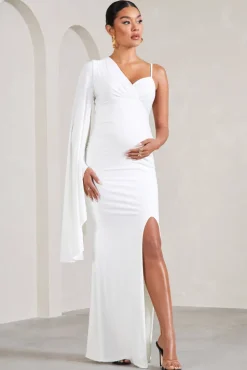 Rhea | White V-Neck Split Maternity Maxi Dress With Cape Sleeve