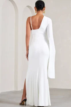 Rhea | White V-Neck Split Maternity Maxi Dress With Cape Sleeve