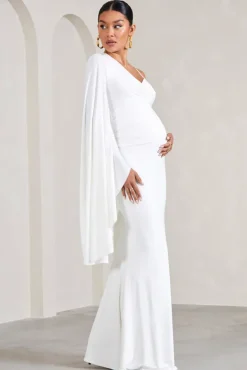 Rhea | White V-Neck Split Maternity Maxi Dress With Cape Sleeve