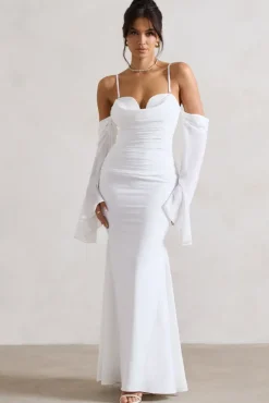 Rhiannon | Cream Draped Flared-Sleeve Fishtail Maxi Dress