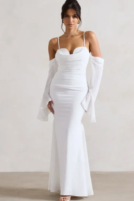 Rhiannon | Cream Draped Flared-Sleeve Fishtail Maxi Dress